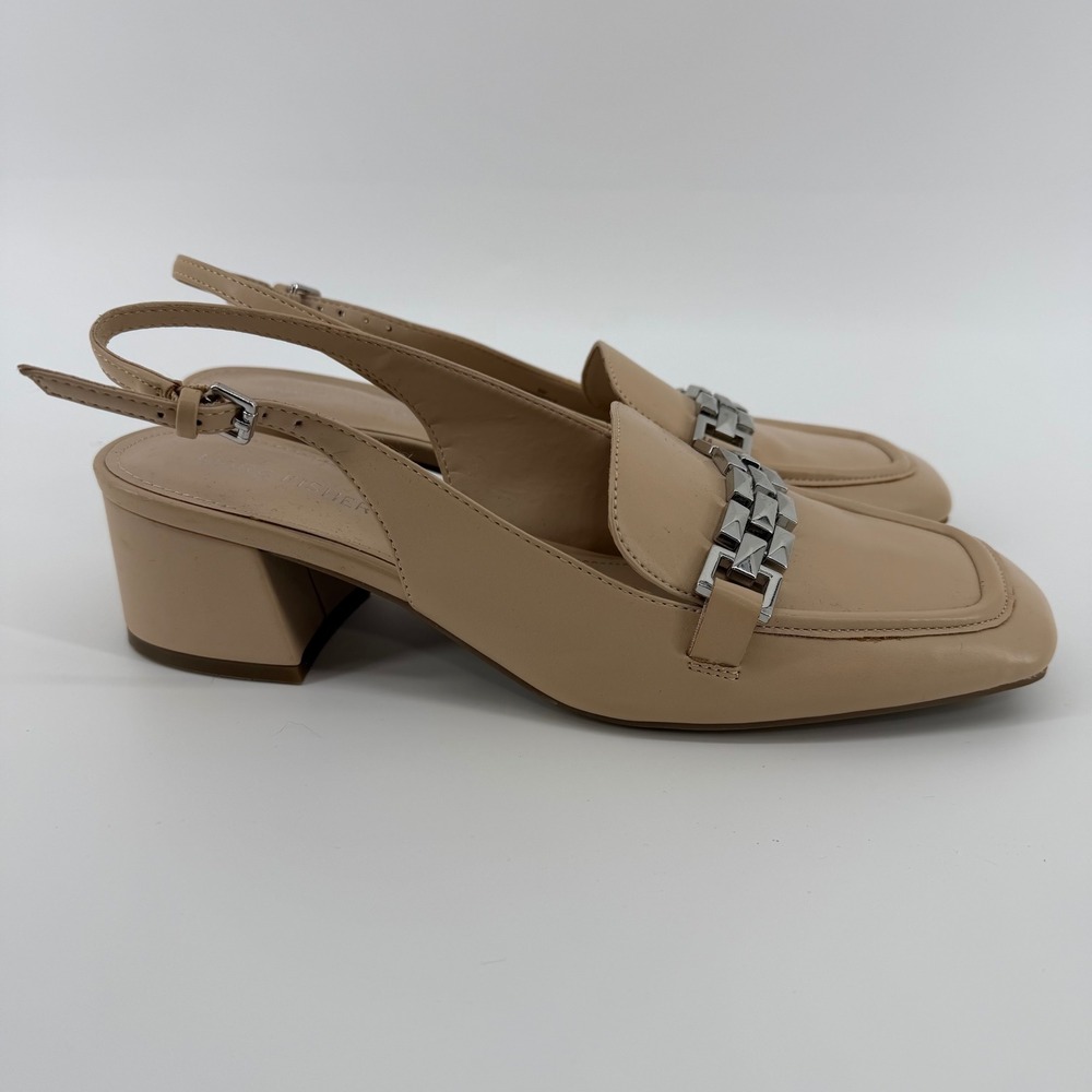 Marc Fisher Graci Loafer Womens 8M Beige Slingback Block Heel Silver Chain View 3